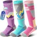 ANTSANG 3 Pairs Kids Merino Wool Ski Socks Boys Girls Thermal Thick Warm Winter Cozy Socks for Skiing Snowboarding (4-7 Years, Skate-purple Green)