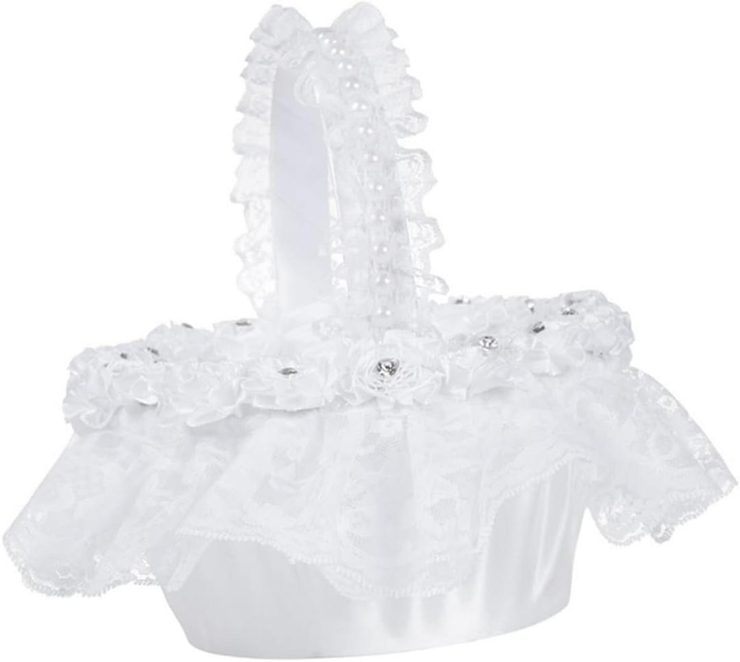 CHILDWEET Flower Girl Basket with Lace Trim Elegant Wedding Ceremony Basket for Petals for Bridesmaids Ring Bearers Special Occasions White