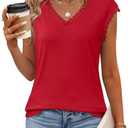 JUSTFASHIONNOW Lace Blouse Soft Cap Sleeve Tops for Women Summer V Neck Tank Tops Dressy Casual Shirts Trendy Clothes (Red)