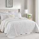 Finlonte Oversized Queen Bedspread 120"x102" - 100% Cotton Vine Embroidery Quilted Bedspread Coverlet, Lightweight Soft Extra Large Queen Quilt Set with 2 Pillowshams, White/Yellow