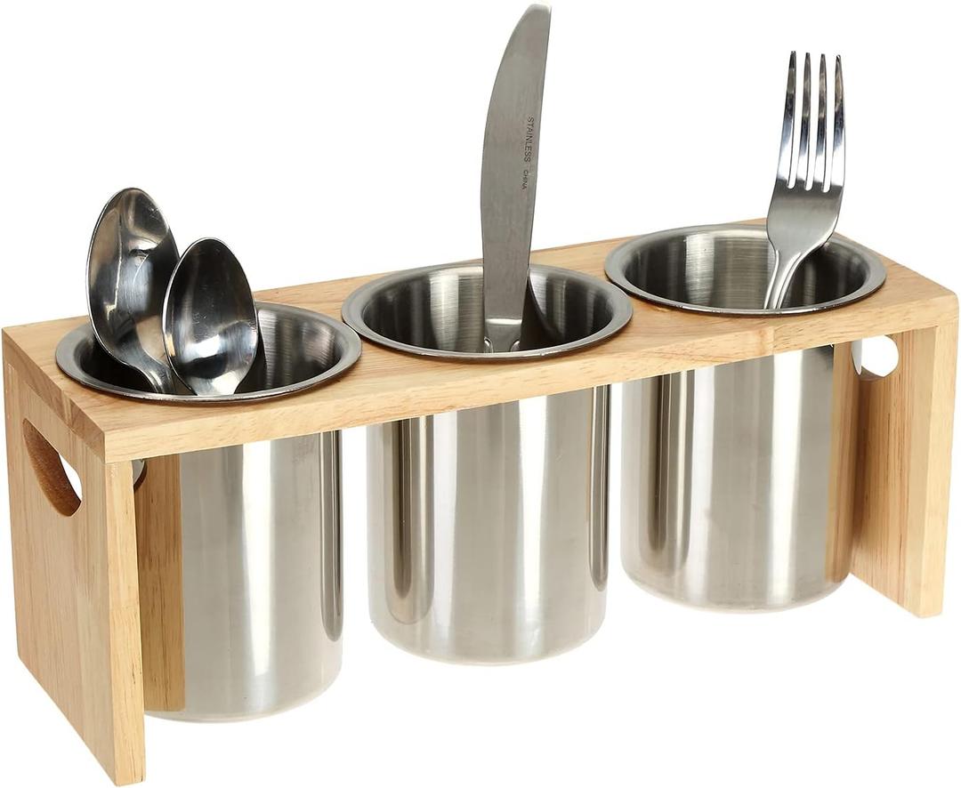 ZOOFOX 3 Pack Silverware Holder, Stainless Steel Utensil Organizer with Wood Base, Flatware Caddy for Spoons, Knives and Forks, Great for Kitchen Table, Cabinet, Pantry