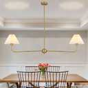 55" Gold Linear Chandelier Modern 2-Light Pendant with White Fabric Shade, Dining Room & Kitchen Island Lighting for Restaurant, Living Room, Bedroom, Hallway