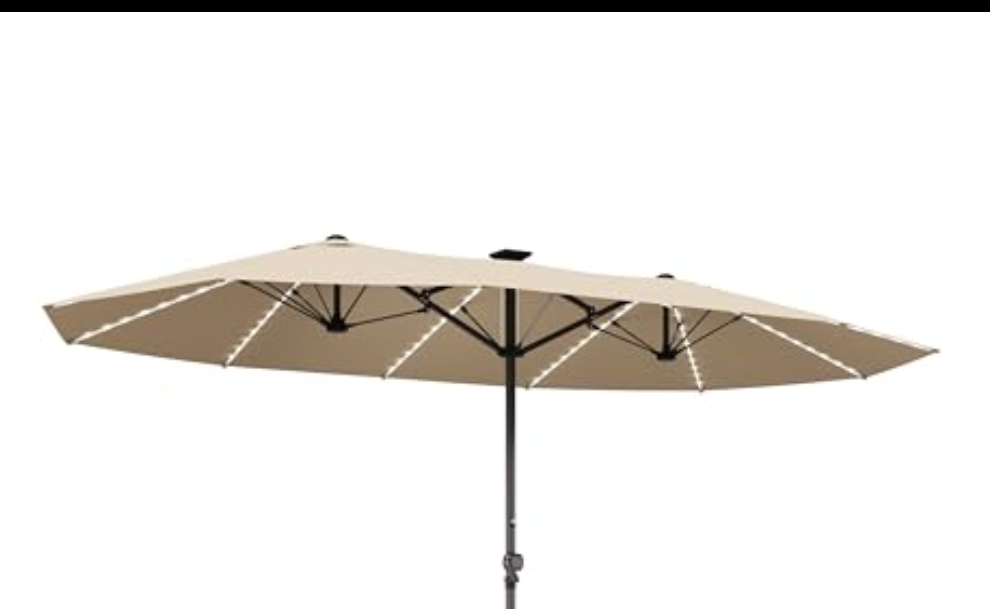 GDPFN 15FT Large Patio Umbrella with LED Lights, Outdoor Deck Standing Umbrella with Crank Handle, Double-Side Rectangular Pool Umbrella for Outside, Market, Patio, Beige (Base Not Include)