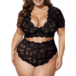 Plus Size 2 Piece Lingerie Set for Women Sexy Deep V Allover Lace Bra and Panty High Waist Nightwear Clubwear (5X-Large, Black)