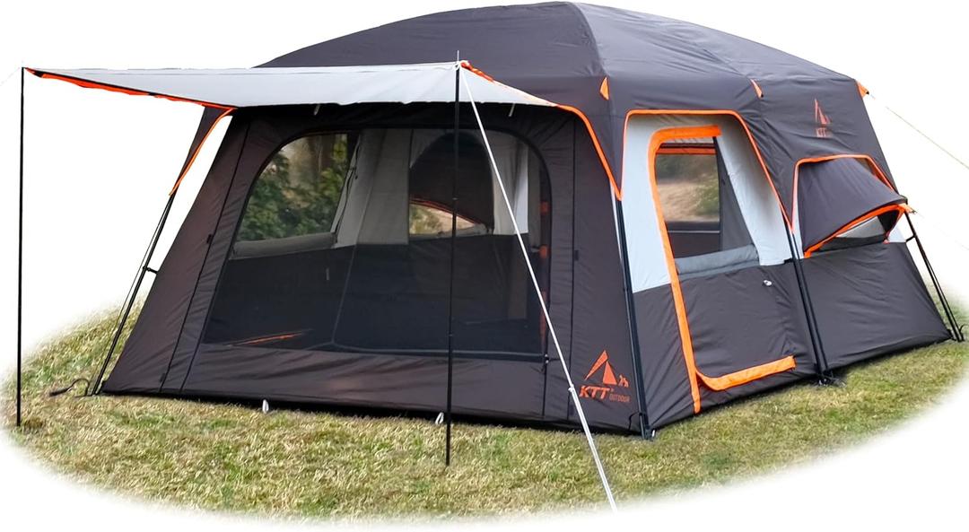 KTT Extra Large Tent 12-14 Person,Family Cabin Tents,2 Bay-Windows,2 Rooms and 3 Doors 3 Windows with Mesh,Waterproof,Straight Wall,Double Layer,Big Tent for Outdoor,Picnic,Camping