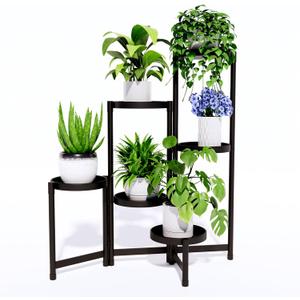 6-Tier Metal Plant Stand Indoor Outdoor - Corner Tall Plant Shelf for Multiple Plants, Foldable Heavy Duty Plant Holder - Decoration flower Stand for House Living Room Balcony Garden Patio - Black