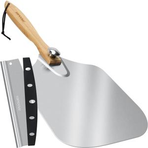Mooues Pizza Peel Aluminum Pizza Spatula, Metal Pizza Paddle(14inx 16in) with Rocker Cutter Foldable Wood Handle, [Storage bag included], for Family Pizza Oven Baking Pizza, Dough, Bread & Pastry