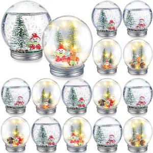 Liliful 16 Pack Christmas DIY Snow Globe Kit Including 3.58 Inch LED Plastic Snow Globe with Screw Off Cap Artificial Mini Christmas Tree Snowman Santa Deer Pine Cones and Lights