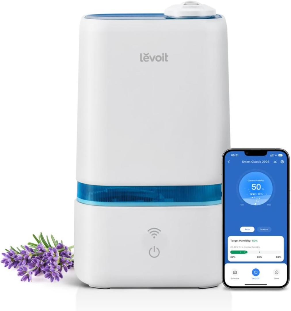 LEVOIT 4L Smart Cool Mist Humidifier for Home Bedroom with Essential Oils, Customize Humidity for Baby & Plants, APP & Voice Control, Schedule, Timer, Last up to 40Hrs, Whisper Quiet, Handle Design (White and Blue)