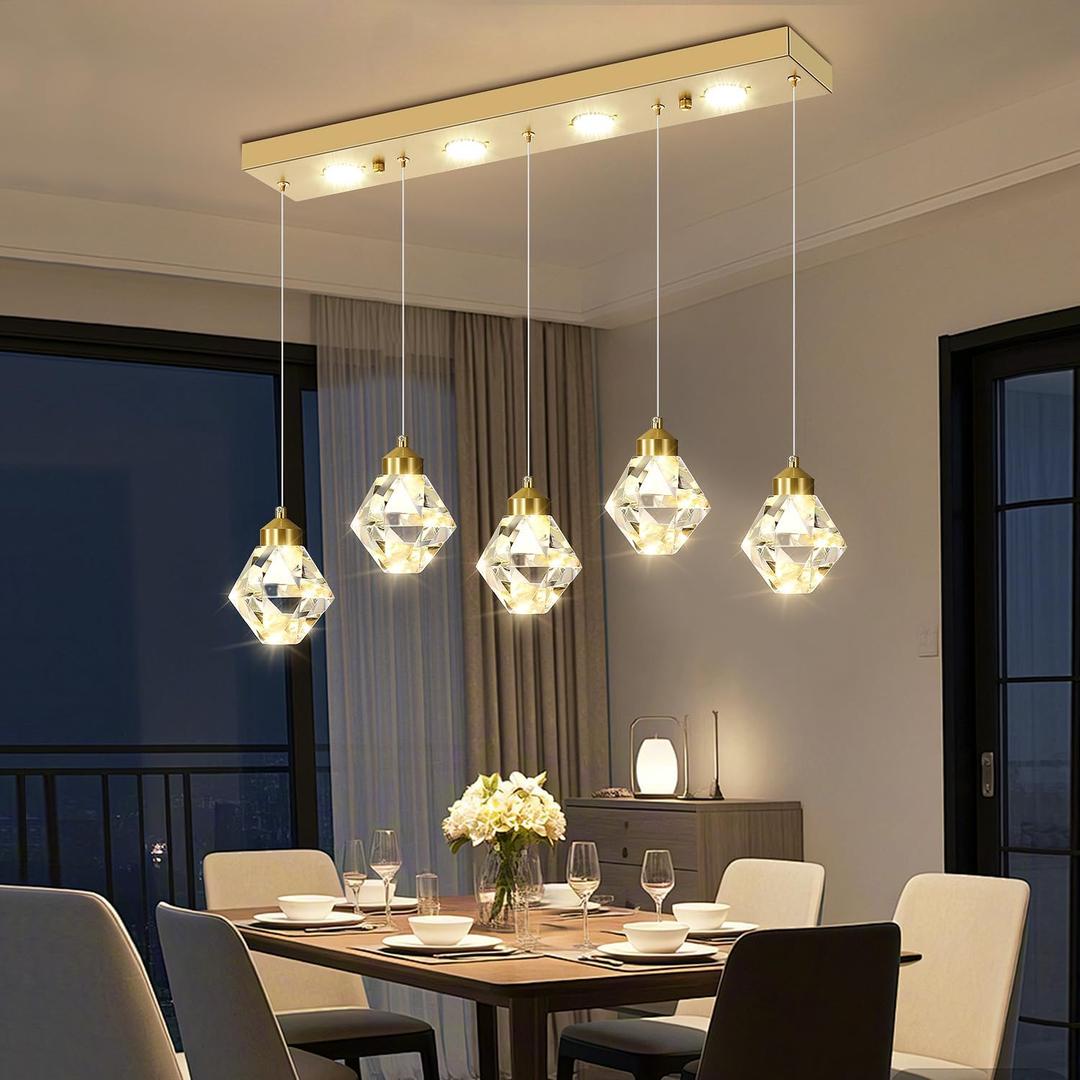 5-Lights Rectangular Pendant Light LED Dimmable Linear Crystal Chandelier Modern Rectangular Chandeliers for Dining Room Bedroom Gold Hanging Light