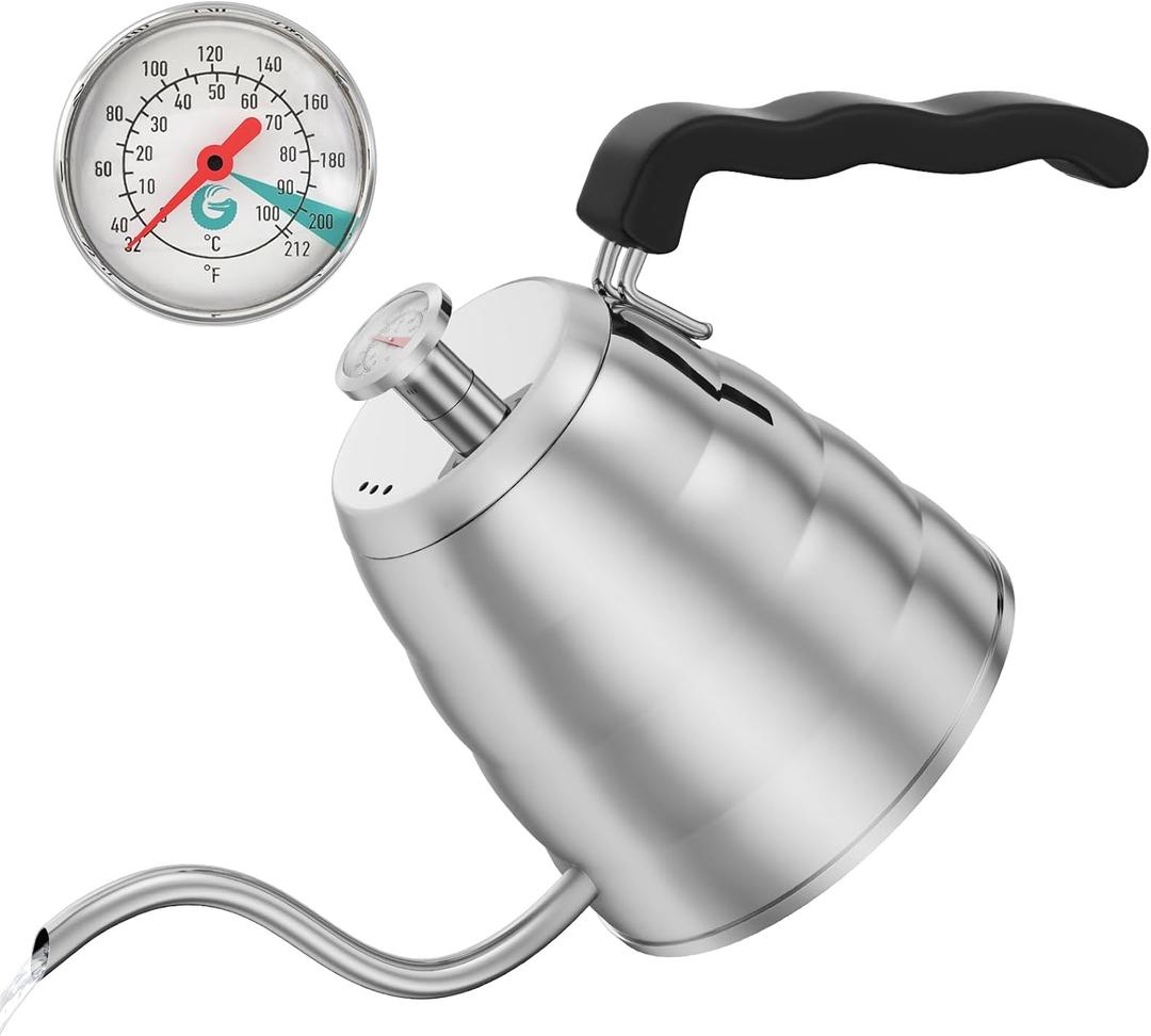 Coffee Gator Gooseneck Kettle with Thermometer - 40oz Premium Stainless Steel Pour Over Coffee Maker Kettles, Stove Top, w/Precision Drip Spout, for Drip Coffee, French Press, Tea Kettle, 5 Cup, 1.2L