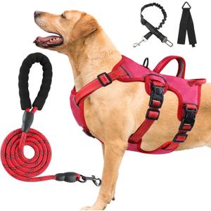 Escape Proof Large Dog Harness - Soft Padded, No Pull, Reflective with Handle, Six Point Adjustable, Includes Leash - Pink, M