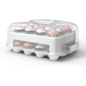 Cupcake Carrier, EXTRA LARGE LID, White Cupcake Holder Carries 24 Standard-Size Cupcakes, Muffin Traveler Two Tier Stand Reusable Cupcake Box