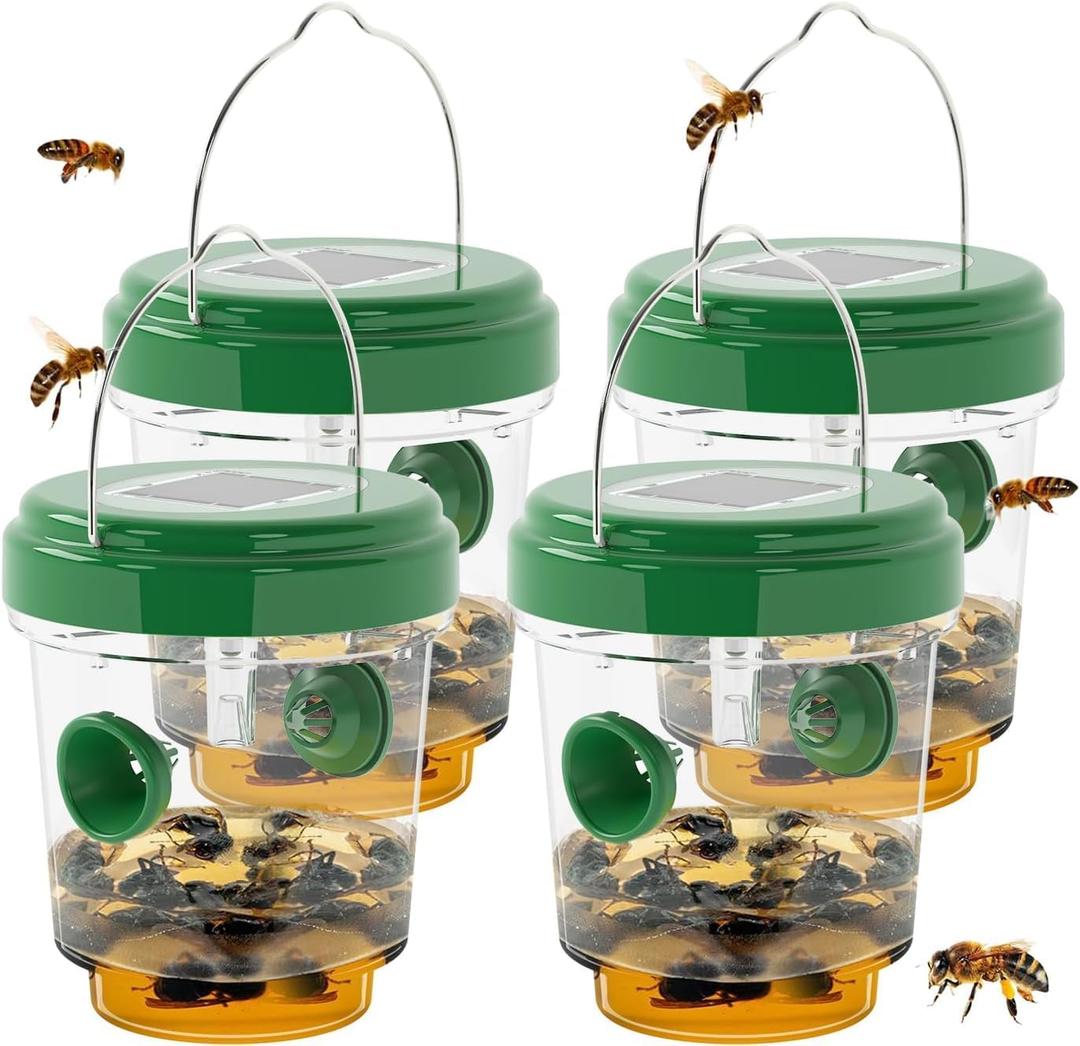 Wasp Traps for Hunting Wasps, Bees, Hornets, Insects, Yellow Jacket Traps, Wasp Trap Catcher, Reusable Solar Powered Hanging for Outdoor, 4 Packs (Green)