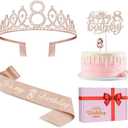 8th Birthday Decorations for Girl Including Sash, Crown, Numeral Candle and Cake Topper, 8 Year Old Girls Party Favor Supplies