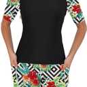 Tournesol Women's 2 Piece Rash Guard Short Sleeve Swim Shirts UV Protection Swimsuit with Boyshorts Geometric Flower Medium