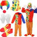Funtery 7 Pcs Clown Costumes Set Includes Shoes, Nose, Hat, Wig, Gloves for Adults Halloween Clown Costumes (Medium)