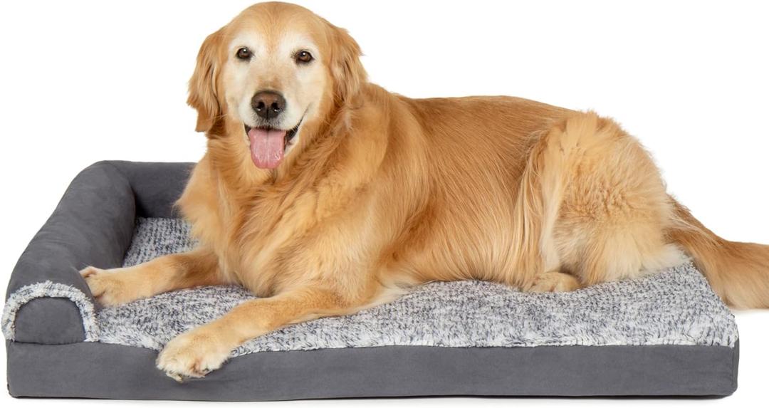 Furhaven Orthopedic Dog Bed for Large/Medium Dogs w/ Removable Bolsters & Washable Cover, For Dogs Up to 55 lbs - Two-Tone Plush Faux Fur & Suede L Shaped Chaise - Stone Gray, Large