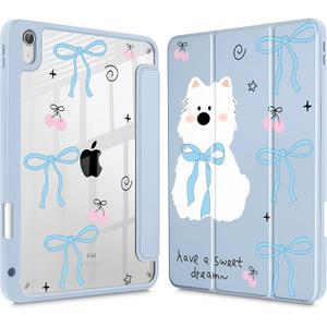 May Chen for iPad Air 11-inch M4/M3/M2 (2026/2025/2024), iPad Air 5th/4th 10.9 Inch - Shockproof Cover with Clear Back Shell & Penceil Holder Auto Wake/Sleep Stand Cover, Blue Bows Dog