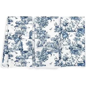 Blue and White Chinoiserie Dachshund Kitchen Towels, French Country Toile de Jouy Weiner Dog Dish Tea Towels, Dachshund Lover Gifts Decorative Hand Towel for Bathroom, 16x24 Inch Set of 3