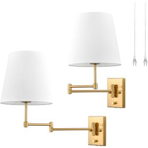 HYDELITE Gold Swing Arm Wall Lamp Brass Wall Sconces with Linen Shade | Plug-in or Hardwired Wall Light Fixtures Bedroom Bedside, House Reading, Living Room, Home Hallway, Dinning Set of 2, 18.8"L x 18.8"W x 18.4"H