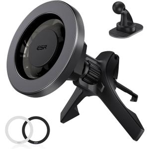 ESR for MagSafe Car Mount, Magnetic Phone Holder for Car Air Vent, Car Phone Holder Mount for iPhone 17e/17/16/16e/15/14/13/12/Samsung, All Smartphones(2 Metal Rings Included),Charging Not Supported (Black)