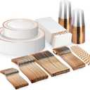 Neatiffy 225 Pcs Rose Gold Rim Plastic Dinnerware Set (25 Guests) | 25 x (Dinner Plate, Dessert Plate, Plastic Silverware, Cup, Napkin, Straw) | For Wedding, Luxurious Party, Special Event