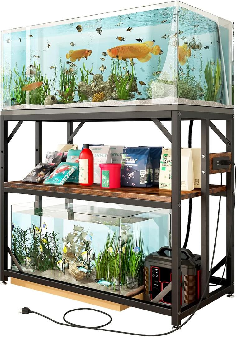 METYERRY 40 Gallon Fish Tank Stand with Power Outlets, Aquarium Stand with Adjustable 2-Tier Storage Shelf, Terrarium Stand,Heavy Duty Reptile Tank Stand for Home Office,Rustic Brown