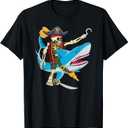 Skeleton Pirate Riding Shark Halloween Kids Boys T-Shirt (Red, M)