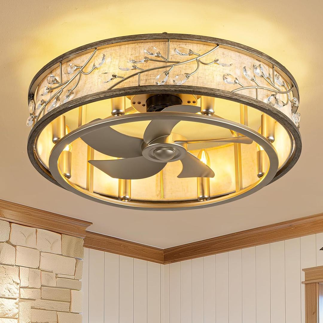 WWM Flush Mount Caged Ceiling Fan with Light and Remote, 24" Crystal Low Profile Ceiling Fans with Reversible Motor, Modern Small Bladeless Fan for Bedroom Kitchen Living Room (8 E12 Bulb Include) (24-in Distressed Beige Crystal)