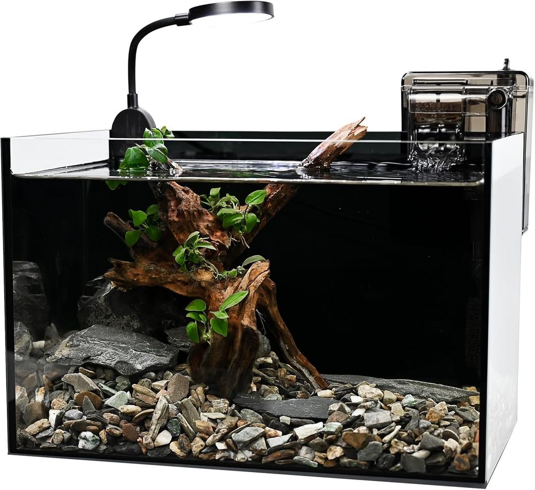 Nano Nature Aquarium Kit,2.8 Gallon Small Aquarium Set Glass Fish Tank with Waterfall Filter and Light for Beginners and Children to Keep Betta Fish, Goldfish, Shrimp, and Aquatic Plants