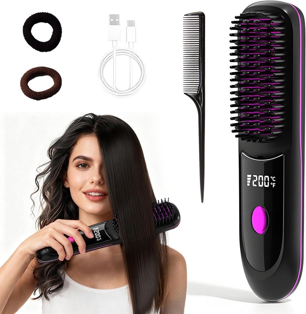 Cordless Hair Straightener Brush Pro for Short Hair, 3 Speed Temp with LED Display, Fast Heating Portable USB Rechargeable, Safe Auto Shut Off, Perfect for Girls on the Go (Black)