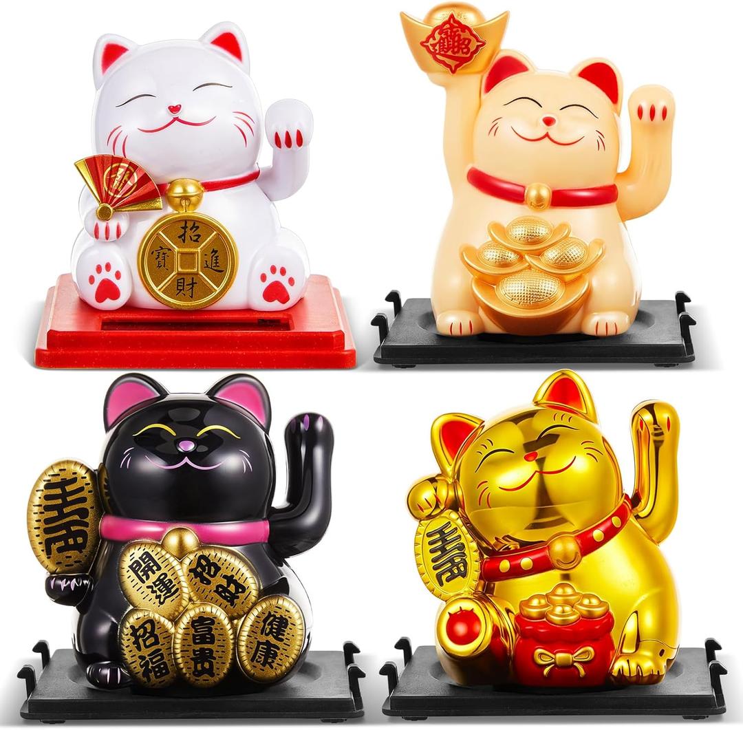 Wovnet 4 Pcs 2" Lucky Cat Waving Arm Maneki Neko Solar Lucky Cat Feng Shui Fortune Wealth Chinese Welcoming Window Car Dashboard Car Decor(Classic)
