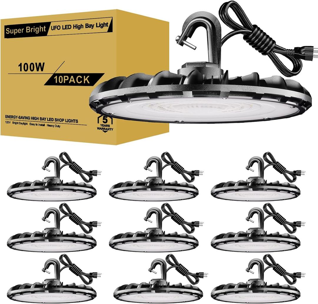 UFO LED High Bay Light 100W 10Pack, High Bay LED Shop lights 5000K 11,000Lm with US Plug, Hanging Hook, Safe Rope, Waterproof Commercial Bay Lighting for Warehouse Factory Barn Shop - UL Listed