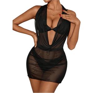 OYOANGLE Women's Sheer Mesh Halter Swimsuit Cover Up Dress Draped Front Backless Ruched Bathing Suit Coverups (X-Large, Black)