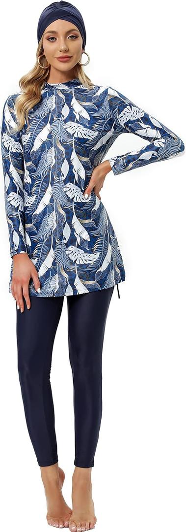 Ababalaya Fully Covered Swimsuits 3 Pieces Full Covered Burkini Swimwear with Swimming Cap (US, Alpha, Large, Regular, Regular, Floral 4)