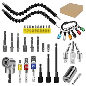 GALLIA Flexible Drill Bit Extension Set 38Pcs, Right Angle Drill Attachment, Rotatable Joint Socket 1/4 3/8 1/2 Inch Hex Socket Adapter, Bits Holder and Screwdriver Bit Kit with a Box (Colorful)