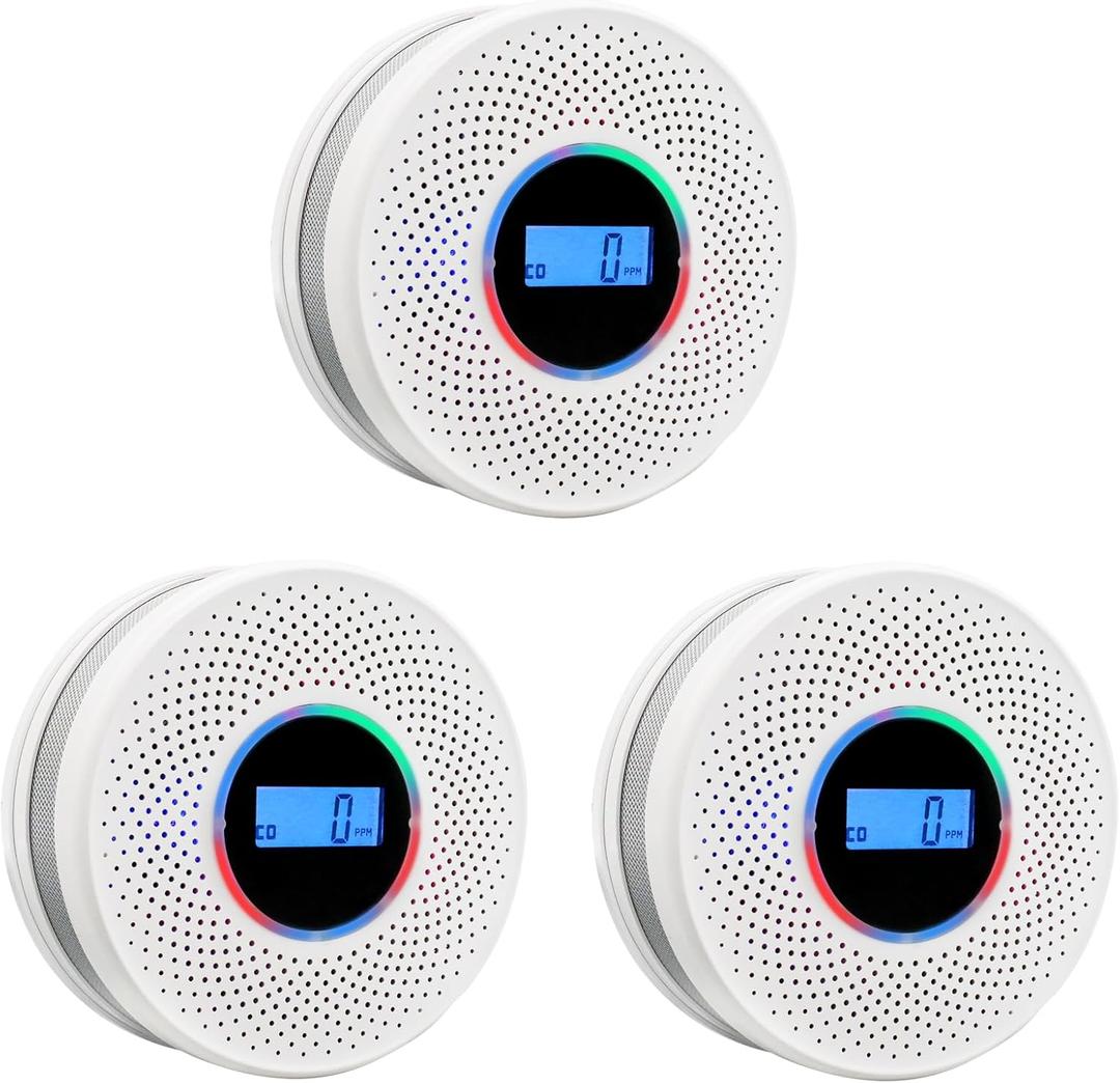 Smoke Detector Carbon Monoxide Detector Combo with Digital Display and Sound Light Alarm, 2-in-1 Smoke & CO Alarm with Battery Operated for Home, Travel or RV (3 pcs)