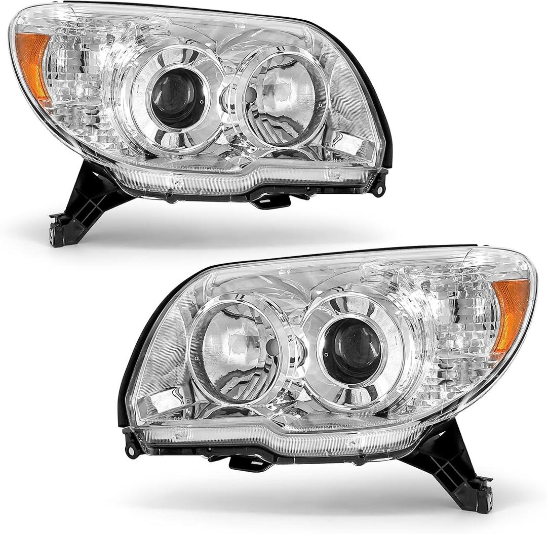 Headlight Compatible with Toyota 2006 2007 2008 2009 Chrome Housing Amber Reflector,4th gen 4runner Projector Headlamp Left and Right Replacement Pair (Chrome Housing Amber Reflector Clear Lens)