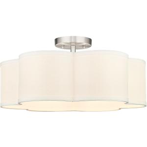Semi Flush Mount Ceiling Lights, 6-Light 18" Ceiling Light Fixtures with Fabric Shade in Flower Shape, Brushed Nickel Farmhouse Drum Lighting for Nursery Bedroom Kitchen, AD-22007-6SF-SN