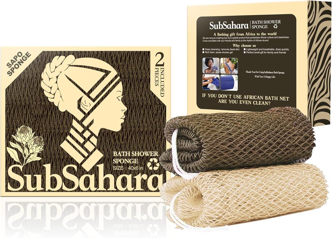 SubSahara Authentic African Net Sponge - 2 Pieces Exfoliating Scrubber for All Skin Types, Bath Sponge for Face & Body, Travel Portable, Durable, Gentle Exfoliation (Linen & Brown)