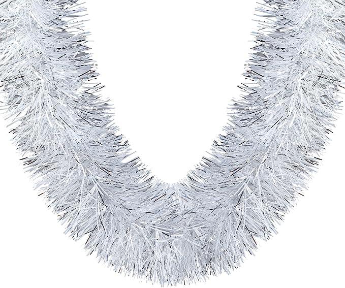Sggvecsy 32.8Ft Christmas Tinsel Garland Xmas Tree Decorations Christmas Silver & White Metallic Twist Garland Ceiling Hanging Decorations for New Year Party Birthday Holiday Indoor Outdoor Supplies