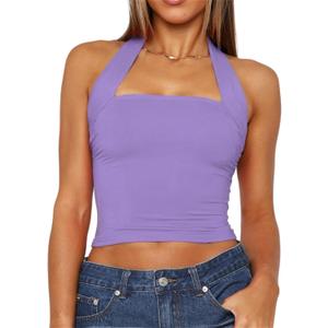 ForeFair Women Halter Neck Backless Crop Top Sexy Y2K Sleeveless Tank Top Open Back Slim Fit Tops (Light Purple) M