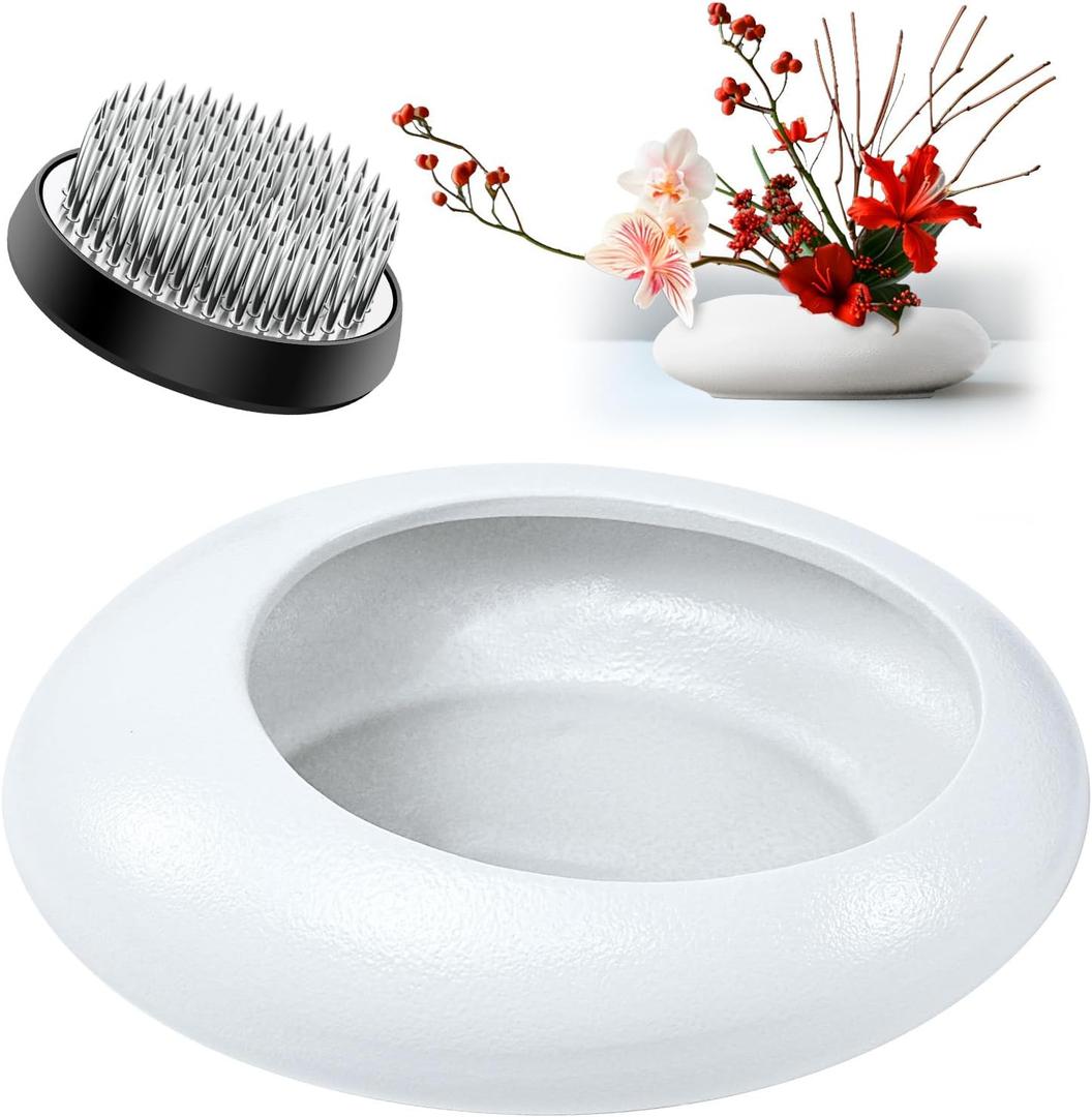 Flower Frog Vase Kit, Ikebana Floral Arrangement, Ceramic Water Drop Pot Flower Arrangement Vase Kit (White Large Size)