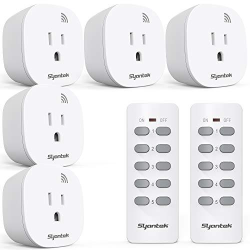 Syantek Remote Control Outlet Wireless Light Switch for Household Appliances, Expandable Remote Light Switch Kit, Up to 100 ft Range, FCC Certified, ETL Listed, White (5 Outlets + 2 Remotes)