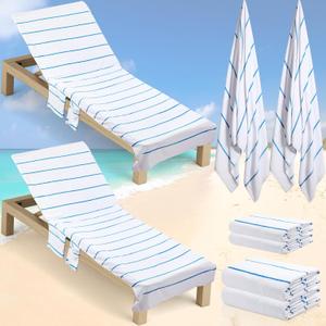 Redbaker 4 Pack Pure Cotton Pool Chair Cover and Beach Towel Set Stripe Lounge Chair Towel Covers with Top and Side Pockets Oversized Beach Chair Towel for Sunbathing Pool Lawn Patio (Blue)