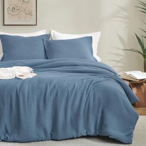 PHF 100% Cotton Muslin Comforter Set King Size  Ultra Soft, Breathable & Lightweight Bedding Set for All Seasons, 3 Pieces (1 Comfy Comforter 104"x90", 2 Pillow Shams 20"x36"), Captain's Blue PHF 100% Cotton Muslin Comforter Set King Size  Ultra Soft, Breathable & Lightweight Bedding Set for All Seasons, 3 Pieces (1 Comfy Comforter 104"x90", 2 Pillow Shams 20"x36"), Captain's Blue
