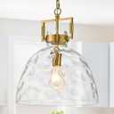 13.8" Gold Glass Pendant Light, Clear Glass, E26 Hanging Light, Oversized