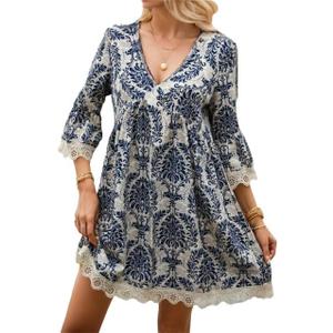 Women's Casual Flowy Boho Paisley Babydoll Mini Dress, Lace 3/4 Bell Sleeve Empire Waist A-line Swing Ruched Vacation Dresses (Blue, S)