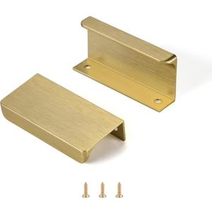 Satanga Edge Finger Tab Pull for cabinets Kitchen Concealed Drawer pulls Aluminum Flat Hidden Back Mount Door Handle for Home 10Pack Modern Brushed Brass 2-1/2" Hole Center Easy Installation